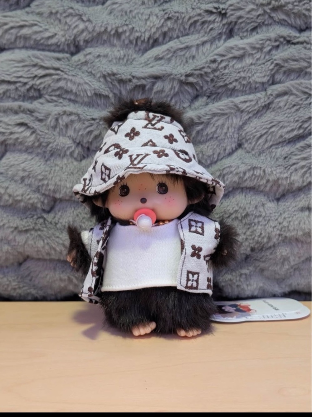 Monchhichi Plush Doll in White/Brown Designer-Style Outfit